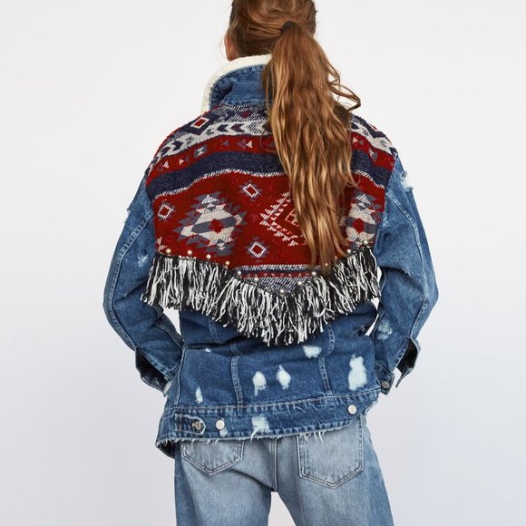 Zara Blue Aztec Fringe Faux Shearling Collar Jacket Size Small - Picture 3 of 8